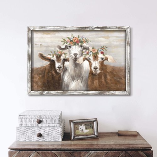 Goat Wall Art Framed Decor: Bathroom Farmhouse Country Animal Portrait Wood Painting Artwork Rustic Farm Lamb with Flower Crown Print Picture for Bedroom Home