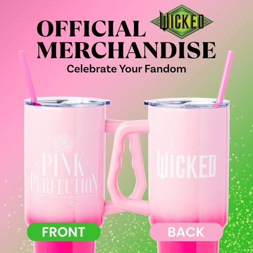 Silver Buffalo Wicked Glinda Pink Perfection Ombre Double Walled Stainless Steel Tumbler with Handle and Straw, Fits in Standard Cup Holder, 40 Ounces