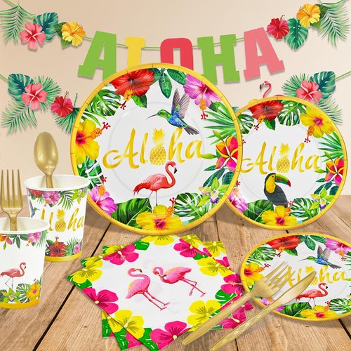 Hawaiian Luau Party Decorations Supplies, Tropical Aloha Birthday Party Plates Summer Beach Holiday Flamingo Disposable Dinnerware Set With Paper Plates Cup Napkin Plastic Fork Knives Spoon, Serves 24