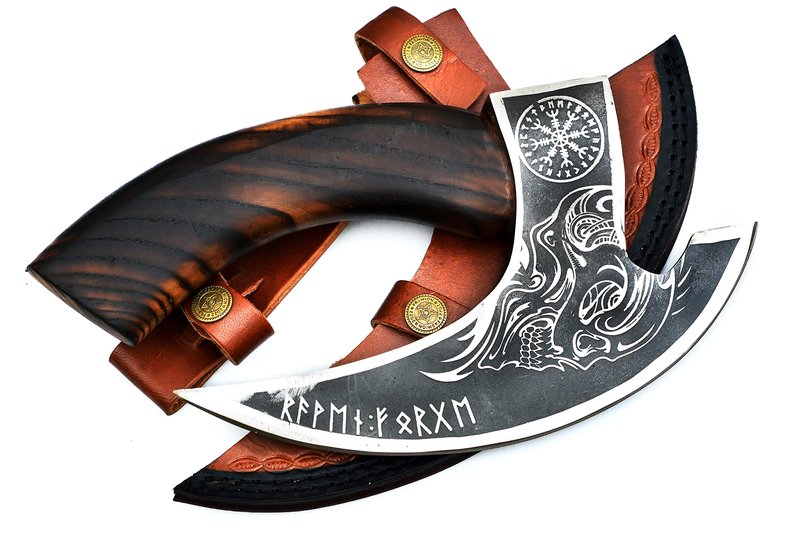 Handmade 11” Pizza Cutter, 10” Cutting Blade with Carbon Steel, Leather Sheath, Skull Design, Viking Style Pizza Cutter Design. Multi-Purpose Cutter… (Dark Wood Handle)