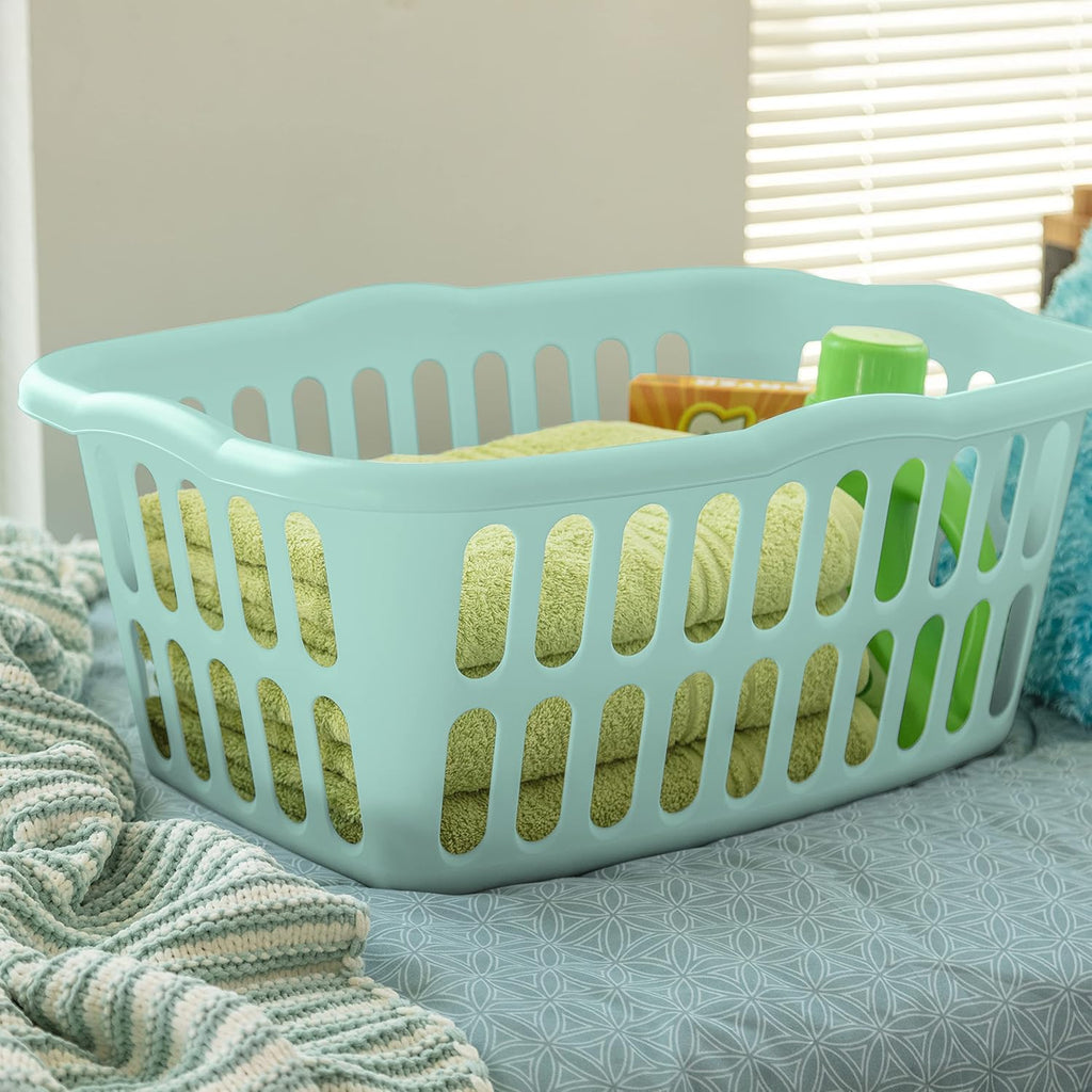 Sterilite Laundry Basket - 1.5 Bushel Rectangular Design for Easy Carrying - White & Aqua, 12-Pack