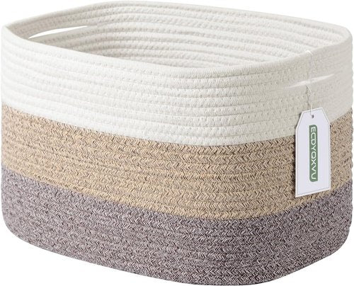 ECDYQXVU Cotton Rope Storage Basket - Woven Organizer for Shelves, Clothes & Towels | 15x10x9 Inches, White/Brown