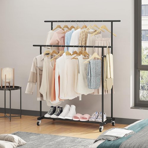 Calmootey Double Rod Clothing Rack - Portable Rolling Organizer for Bedroom & Living Room - Black