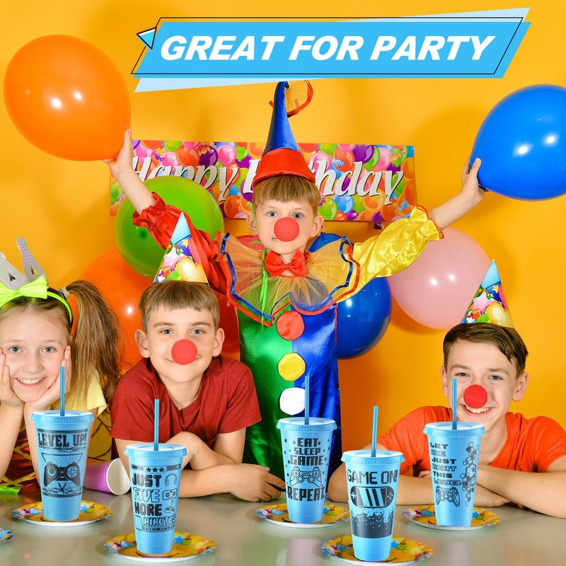 Mifoci Video Game Plastic Cups with Lids and Straws Reusable Tumbler with Lid and Straw Cute Iced Coffee Travel Cups Mug Water Bottle for Adult Kid Gaming Birthday Supplies(Blue,12 Pcs)