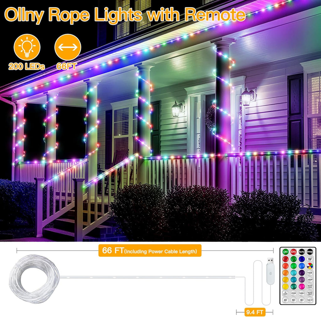 Ollny Color Changing Rope Lights - 66FT Waterproof Outdoor String Lights with Remote | 200 LED, 16 Colors