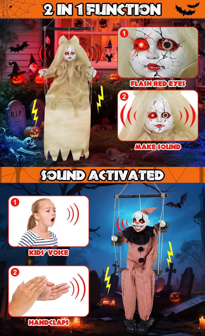[Sound Activated] 2 Pack Hanging Halloween Decorations Outdoor, 40" Hanging Swinging Clown and Girl Ghosts Decor with Lighted Up Eyes Creepy Sound Expressions for Halloween Party Porch Haunted House