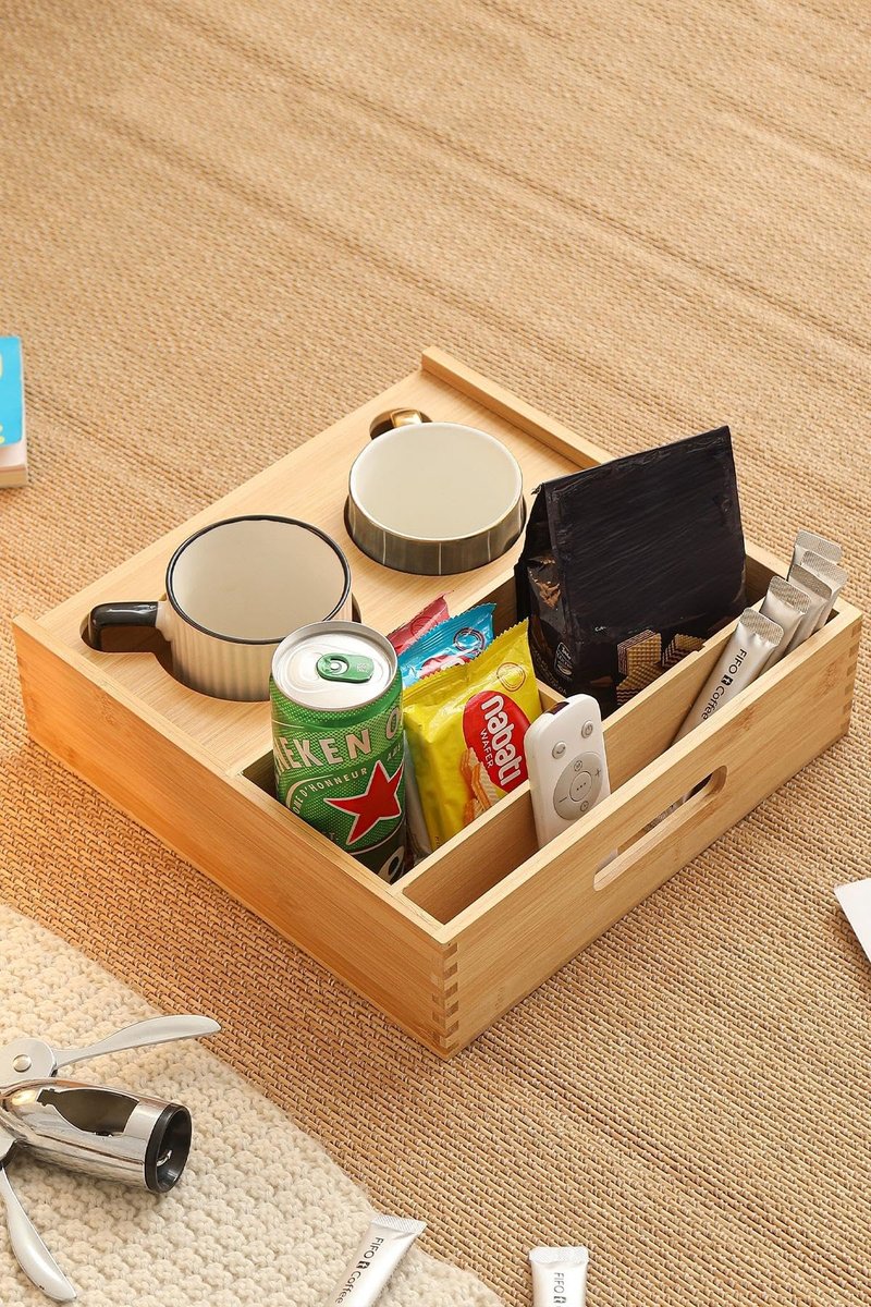 ROCDEER Couch Caddy,Bamboo Couch Cup Holder Tray with 6 Compartments, Sofa and Bed Organizer for Drinks, Snacks, and Remotes