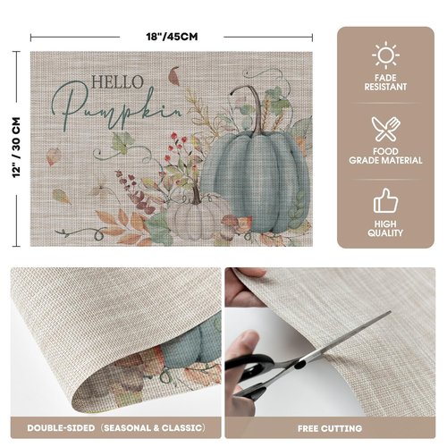 Artoid Mode Blue Hello Pumpkin Leaves Fall Vinyl Placemats Set of 4, Washable Woven Non-Slip Plastic Table Mats for Thanksgiving Holiday Party Kitchen Dining Decor