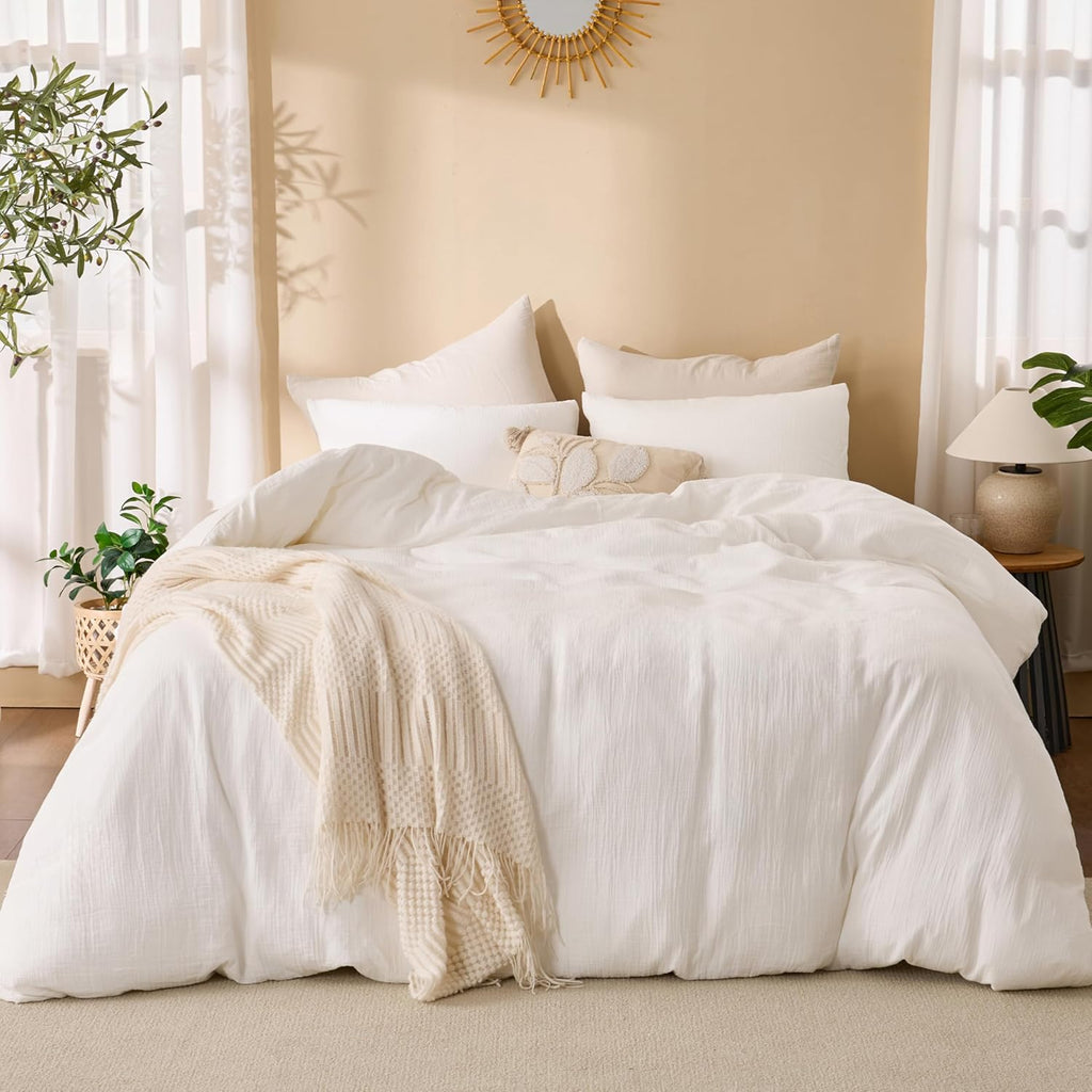 Skiennix Off White Queen Duvet Cover Set - 100% Sandwashed Cotton, 3 Pieces with Zipper Closure & Corner Buttons