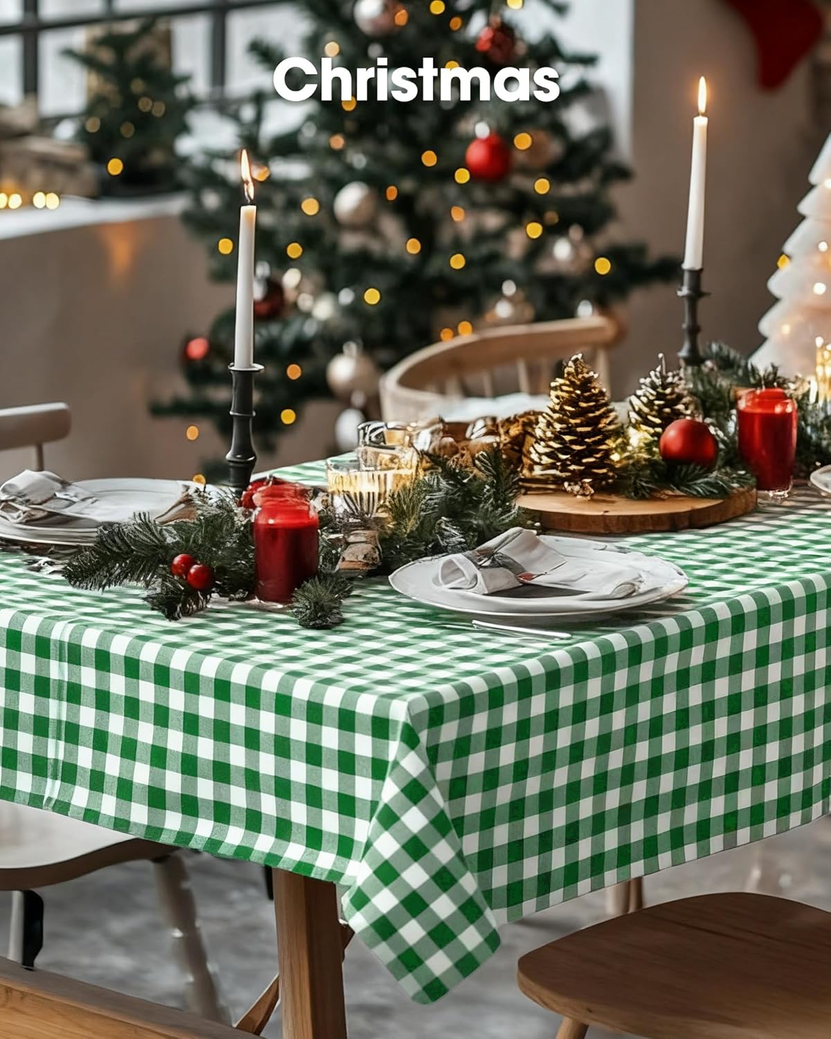 Pureegg Premium Disposable Table Covers - 10 Pack, 54x108 Inch Black for Rectangular Tables | Green Plaid Design