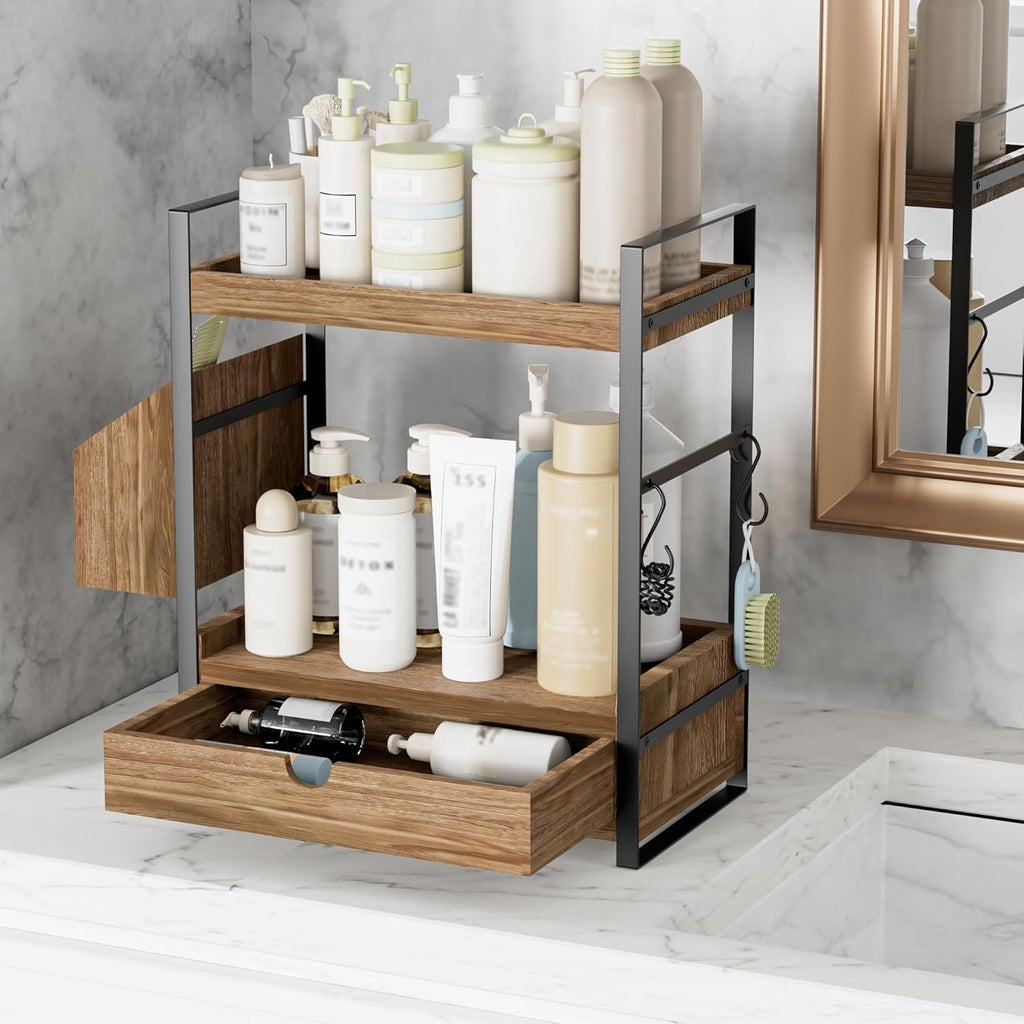 Skiennix 2-Tier Bathroom Counter Organizer - Wood Vanity Storage with Drawer & Basket | Dark Brown