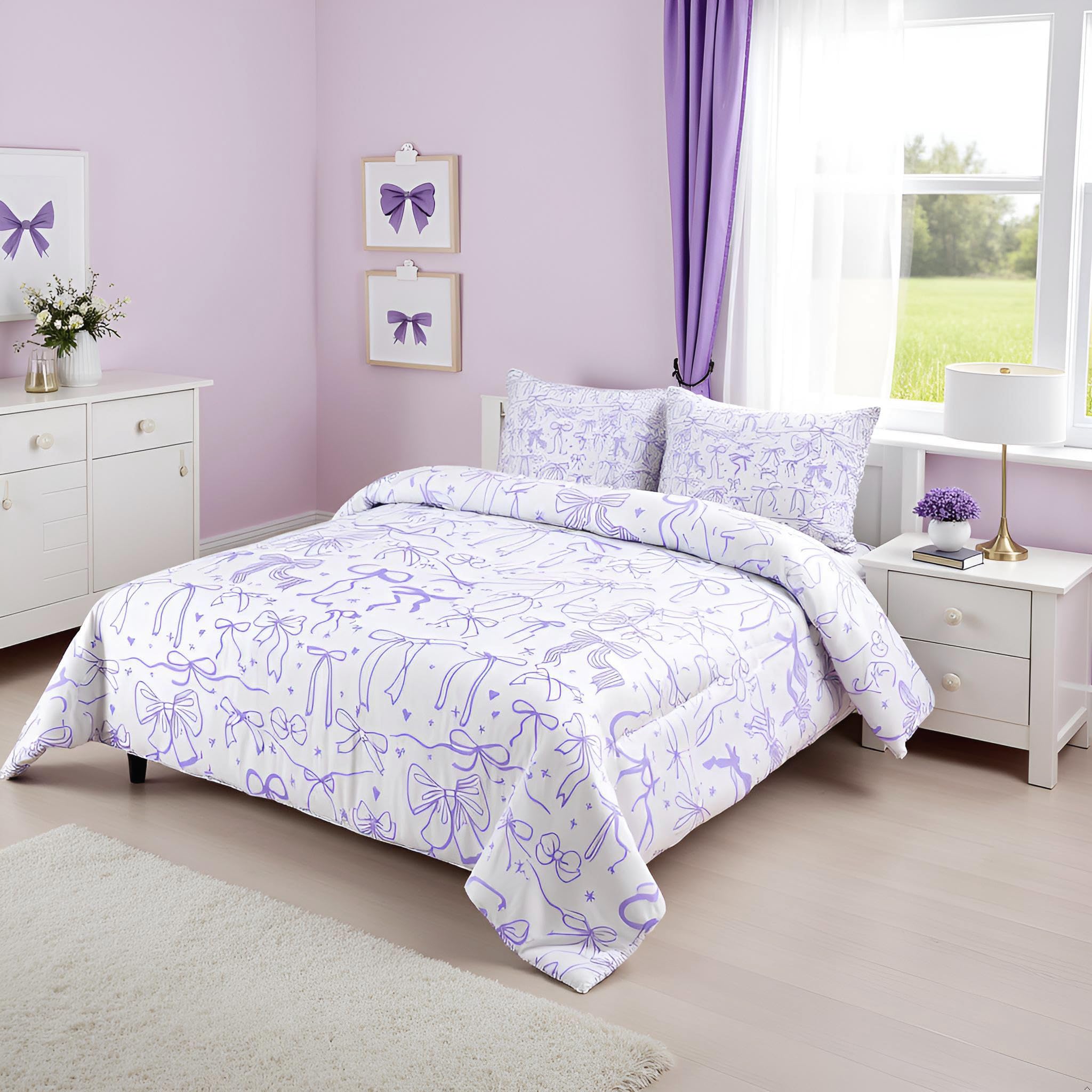 Purple Bowknots Comforter Set Full Size,Cartoon Hand Drawn Stars Love Bow Bedding Set,Kawaii Princess Style Quilt Set for Kids Girls Women Teens Room Decor,Romantic Duvet Insert,2 Pillowcases