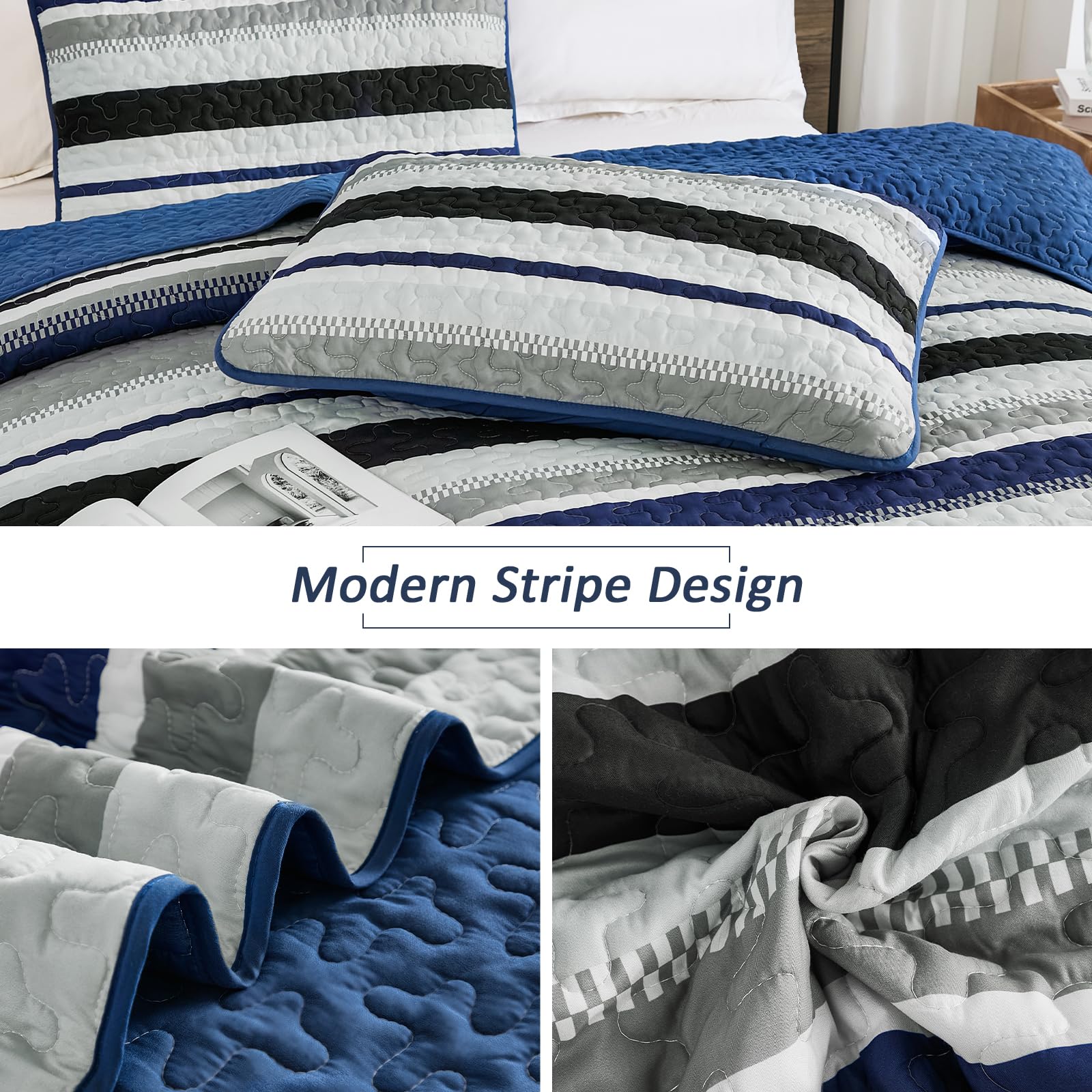 WONGS BEDDING Quilts Queen Size, Navy Blue Quilt Bedspread Bedding Set, Summer Queen Coverlet Sets with Shams, 3 Pieces Lightweight Striped Quilt for Bed(96"x 90")