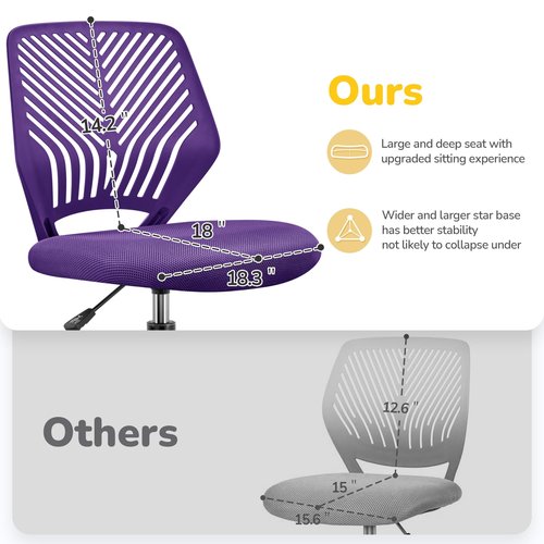 Yaheetech Students Cute Desk Chair Low-Back Armless Study Chair w/Lumbar Support Adjustable Swivel Chair in Home Bedroom School, Purple