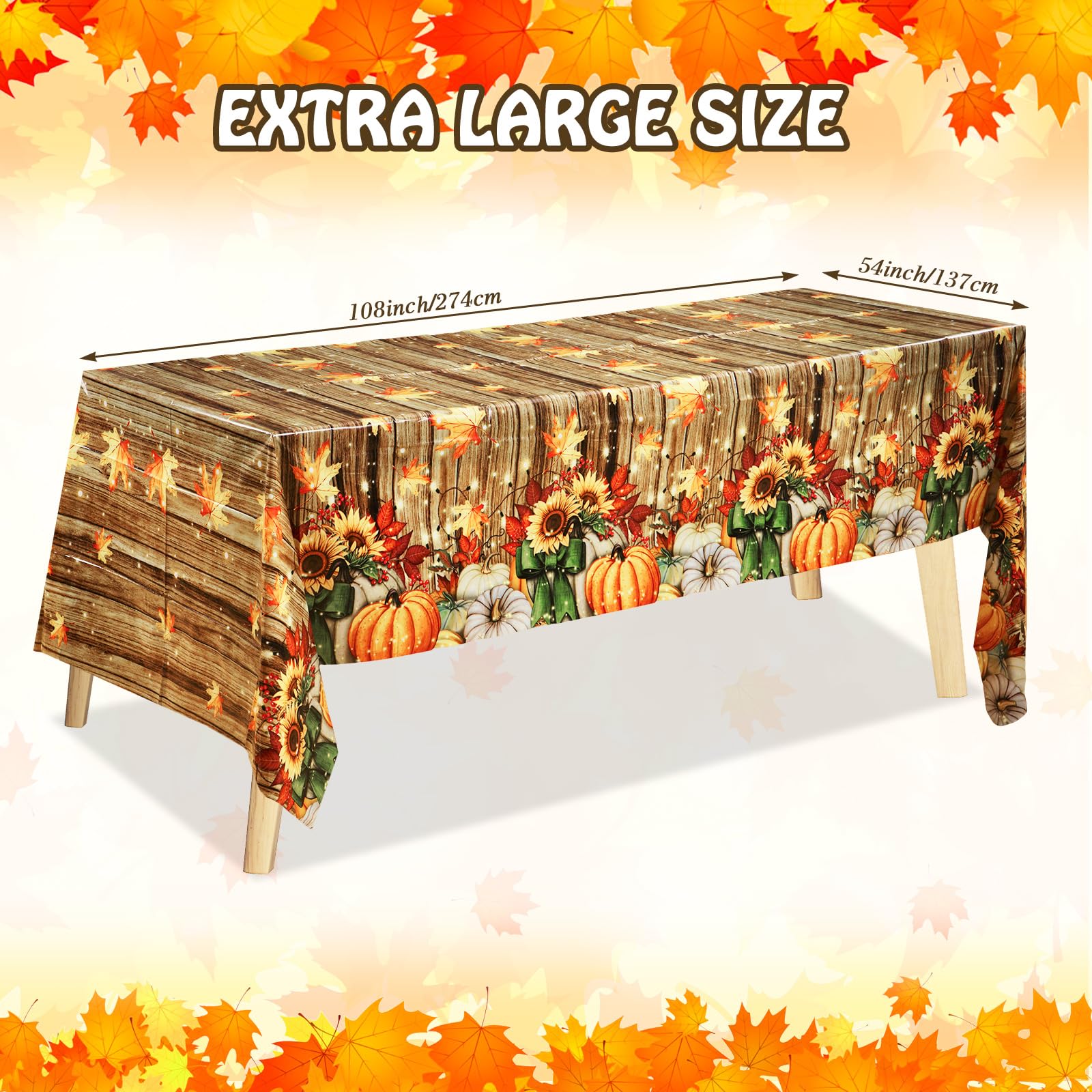 Tranqun 4 Pcs Fall Tablecloth 108 x 54 Inch Plastic Thanksgiving Pumpkin Tablecloth Rectangle Fall Autumn Harvest Maple Leaves Plastic Table Cover for Kitchen Thanksgivingparty Decorations Home