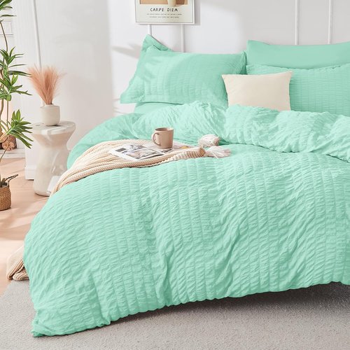 HYMOKEGE Twin Comforter Set - Mint Green Seersucker 5-Piece All-Season Luxury Bedding Set