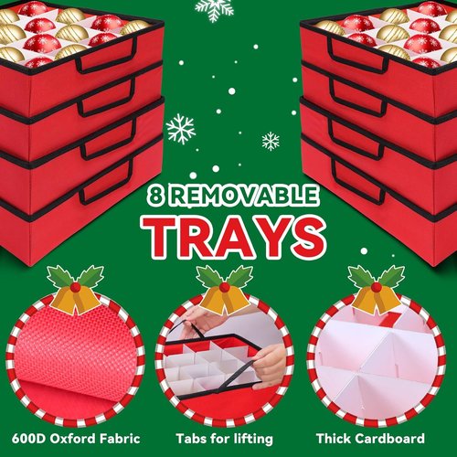 Christmas Ornament Storage Box - Durable 600D Oxford Container Holds Up to 128 Ornaments | 8 Trays, Red