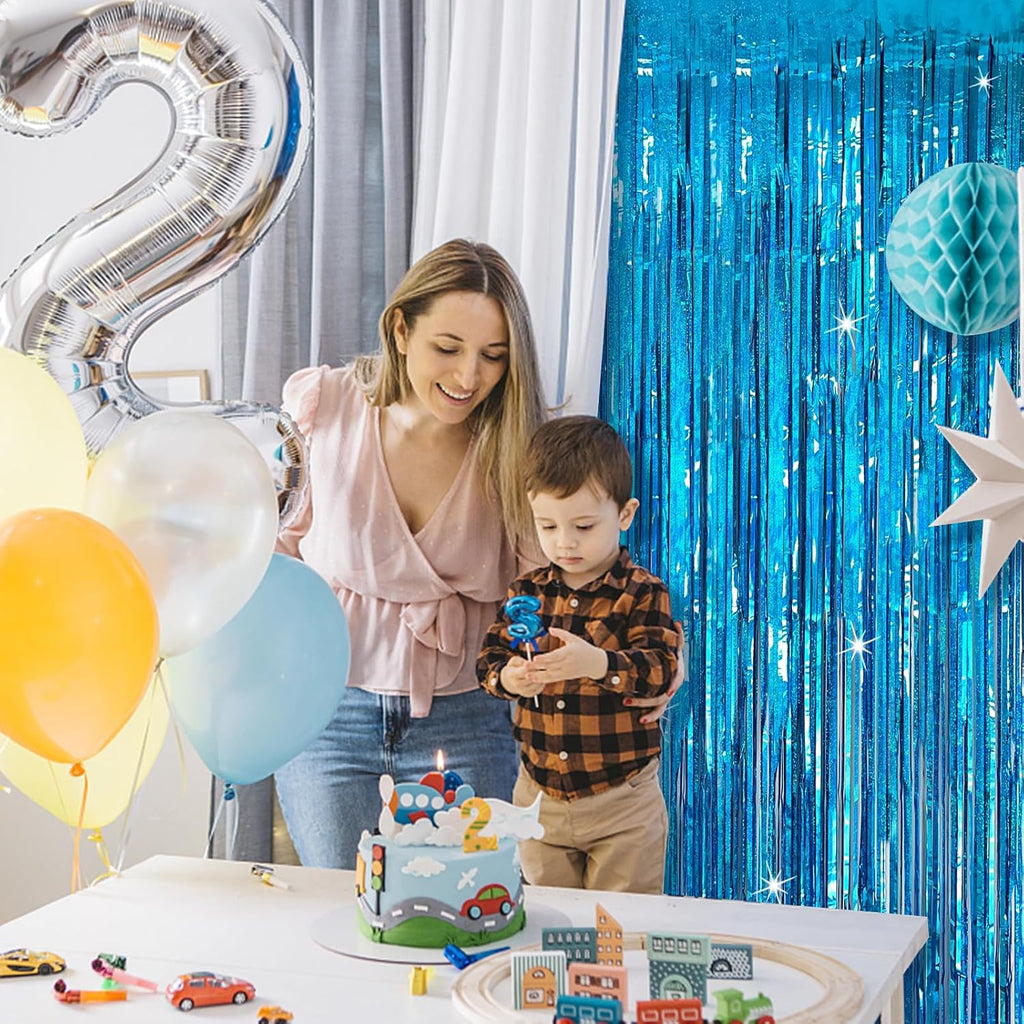 Skiennix Tinsel Curtain Backdrop - Blue Glitter Foil Fringe for Birthday, Wedding & Holiday Decor | 2 Packs