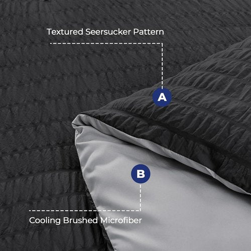 HYMOKEGE California King Comforter Set - Luxurious 7-Piece Seersucker Bedding in Black/Light Grey