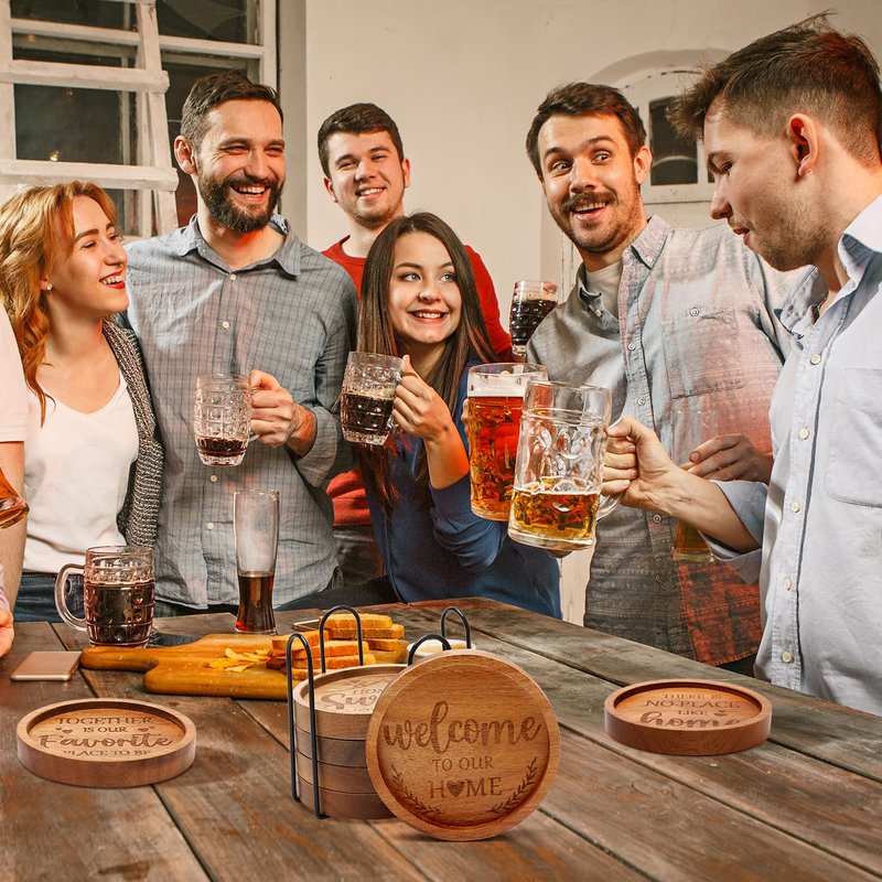 Best House Warming Gifts Acacia Wooden Coasters for Drinks Coffee Table Coaster Set of 6 Pack Farmhouse Decorations Family New Home Housewarming Decor Cute Cup Wood Coasters with Holder