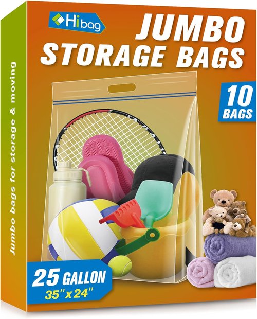 HIBAG Jumbo Storage Bags - 25 Gallon Resealable Clear Bags with Handle | Extra Large XL for Clothes & Travel - Pack of 10