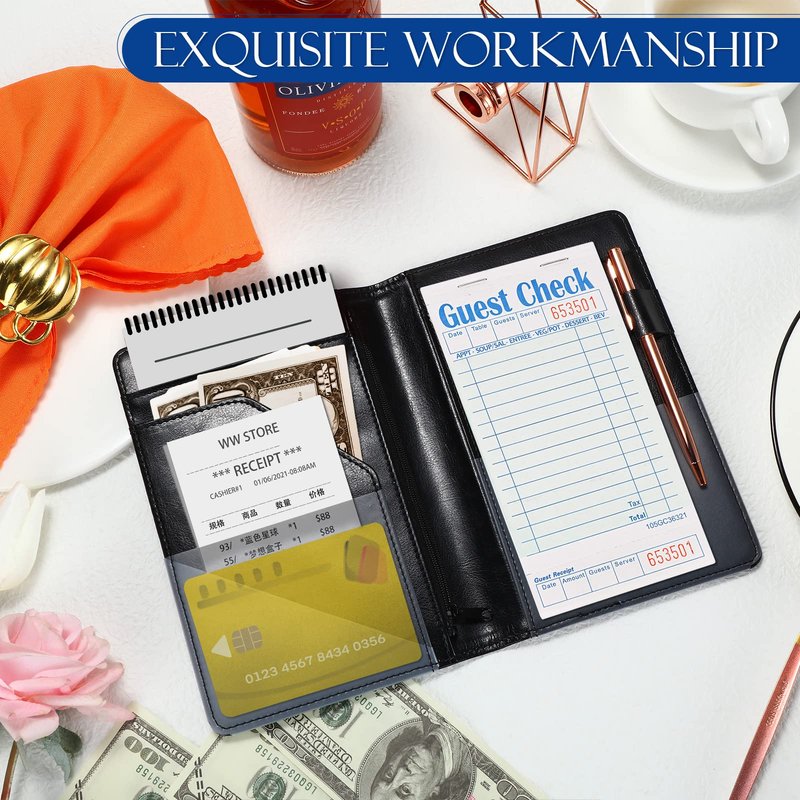 Containlol 6 Pcs Waitress Server Books Guest Book Pad Leather Money Organizer Wallet Organizer Waiter Cash Check Bill Receipt Holder with Pocket for Waitstaff Fit Apron(Classic Style)
