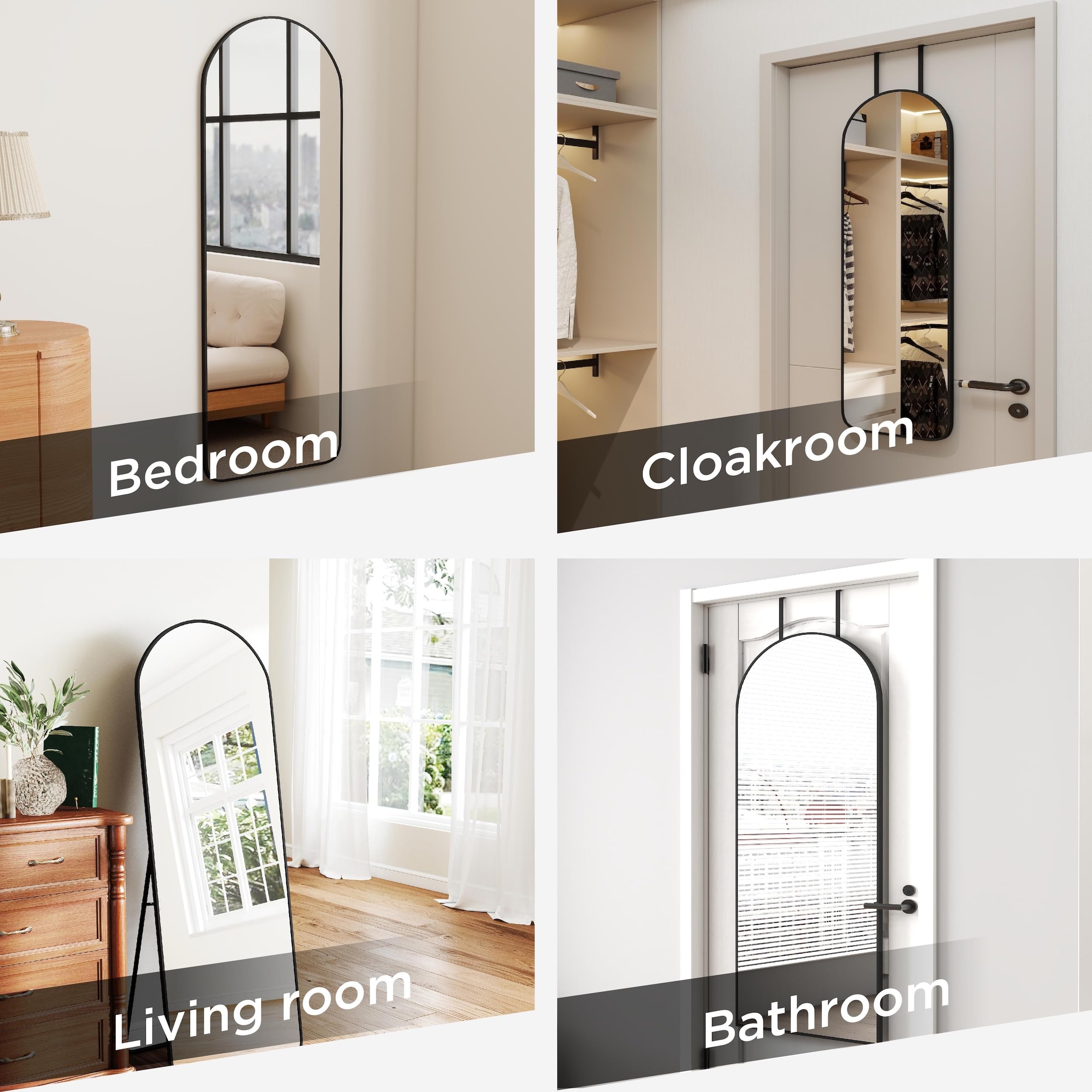 SCWF-GZ 57x20 Door Hanging Full Length Mirror, Floor (Height 5.7ft just Body in1.3ft) or Wall Mounted Metal Frame Arch Dressing Mirrors for Bedroom Bathroom Living Room 57 20 inch Black