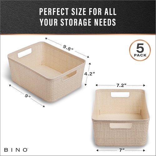 BINO Woven Plastic Basket - Stylish Home Organization | Small Natural 5-Pack | Jute Collection