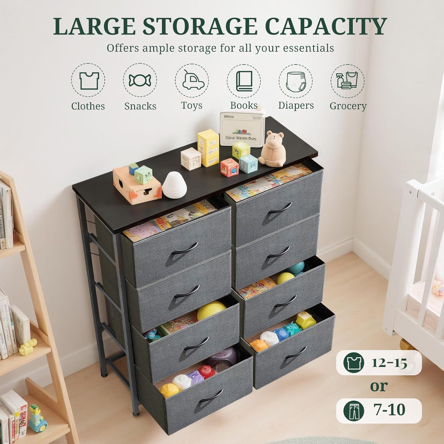 Regine Switzerland 8-Drawer Dresser - Anti-Tip Tall Storage Organizer with Wooden Top & Metal Frame - Gray