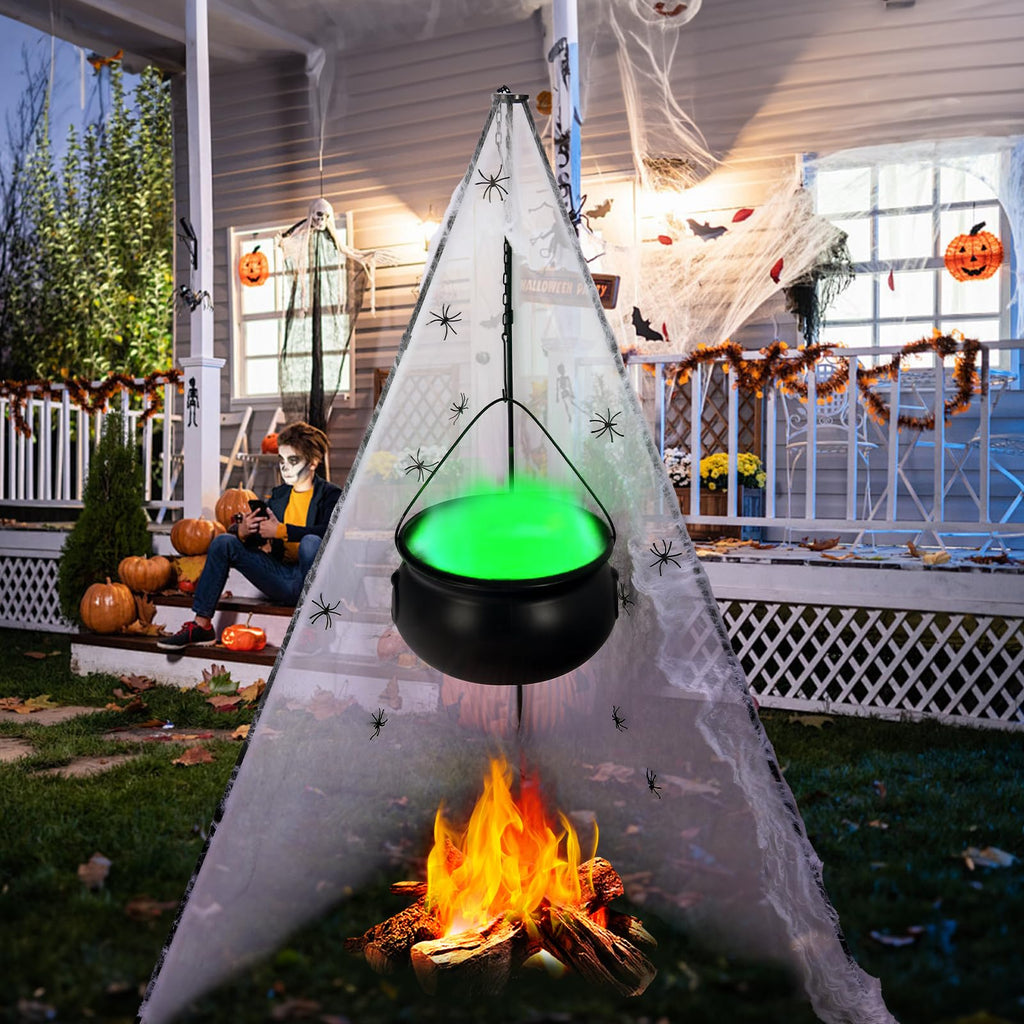 Halloween Decorations Outdoor, DIY Witches Cauldron Black Plastic Bowl Indoor, Halloween Witch Cauldron on Tripod with Lights, Cotton, Spider Web- Candy Bucket Porch Yard Decor