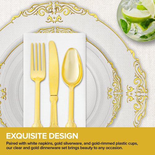 Stock Your Home Clear and Gold Plates Set with Pre-Rolled Cutlery with Napkins & Gold Cups, Dinnerware for 50 Guests (350pcs), Disposable Party Sets for Wedding, Bridal Shower, Graduation Parties