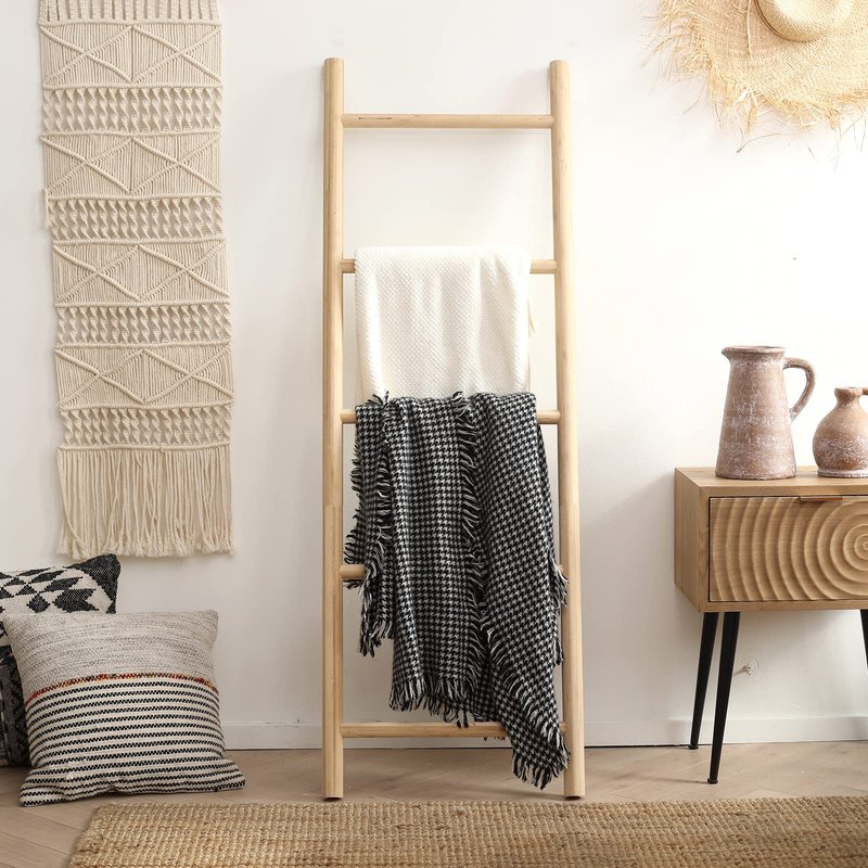 FUIN Fully Assembled 57in Bamboo Blanket Ladders Living Room Wood Decorative Wall Leaning Farmhouse Quilt Display Holder Rustic Wooden Towel Rack for Bathroom, Unfinished