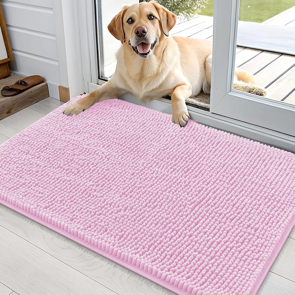 OLANLY Dog Door Mat - Absorbent Non-Slip Washable Chenille Mat for Muddy Paws | 36x24, Pink