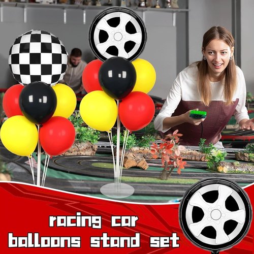 **Race Car Party Balloons Kit by [Brand Name] - 2 Sets with Checkered Foil Balloons | Red, Black & Yellow Racing Theme Decor for Boys' Birthday Parties**