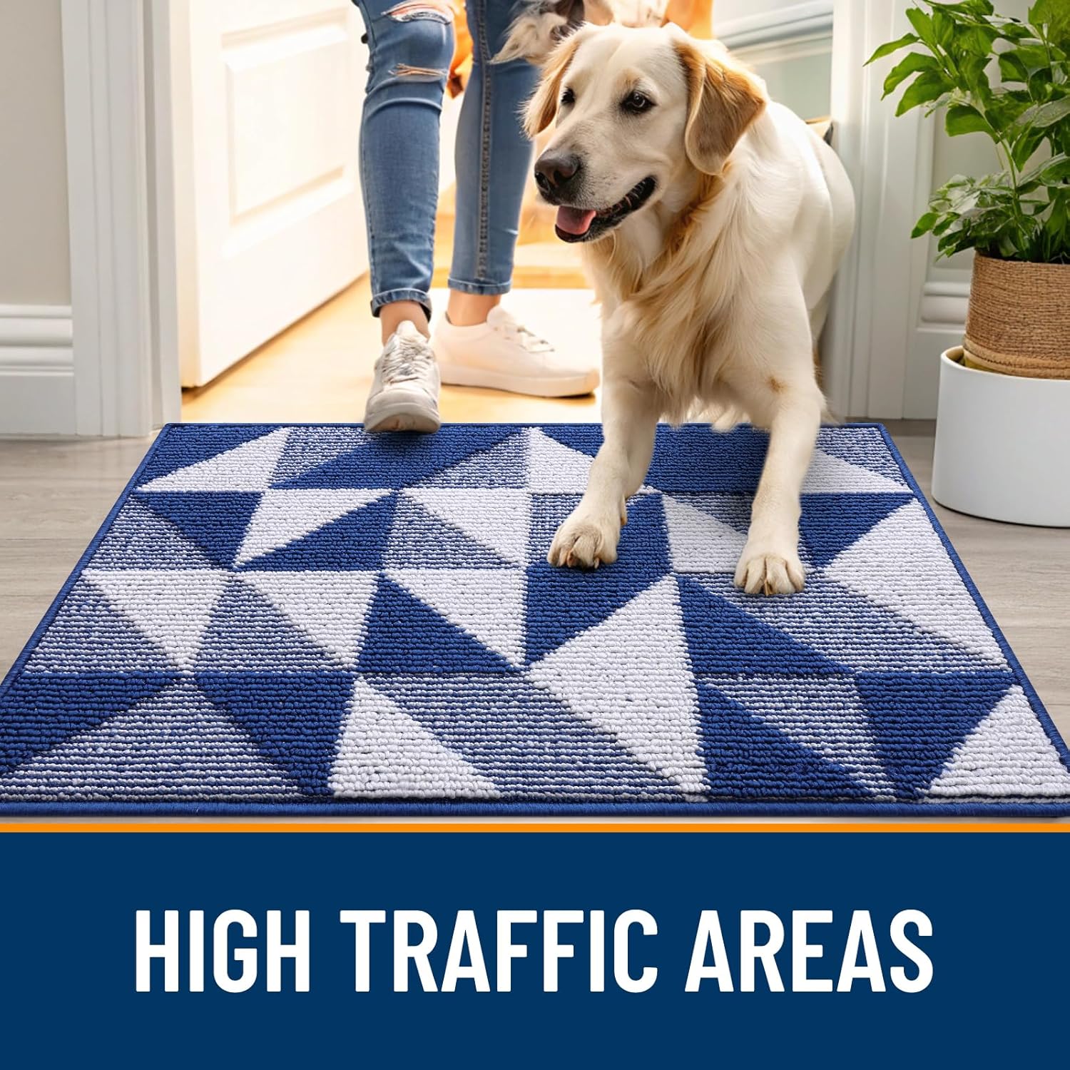 OLANLY Indoor Door Mat - Washable, Odor-Free Geometric Doormat | Absorbent 32x20 Entry Carpet in Navy