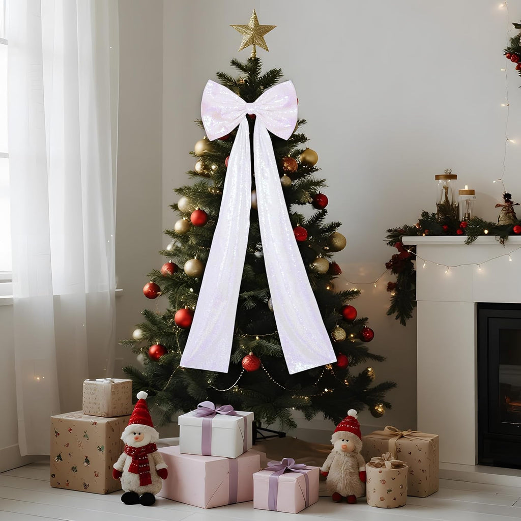 PartyDelight Large Bow Decorations - Big White Iridescent Sequin Ribbon Tie | 16x47 Inches for Christmas Tree Topper & Party Decor