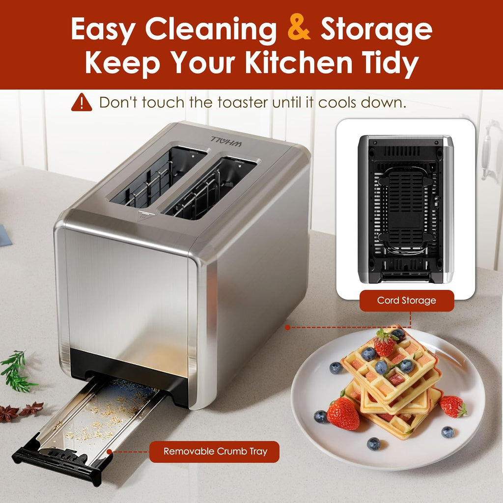 WHALL Stainless Steel 2-Slice Toaster - Full Touch Screen, Digital Timer, 6 Bread Types & Shades, Silver