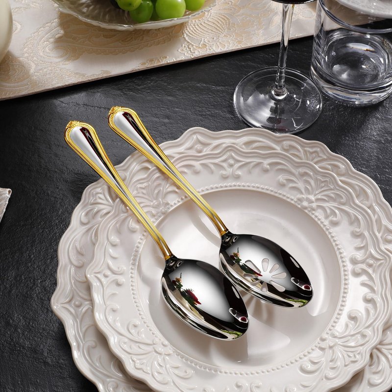 KEAWELL Pearl Edge Premium Serving Spoon Set, 18/10 Stainless Steel, 9" Fine Hostess Utensils with Refined Bead Design, Brightly Polished, Gold Accent, Dishwasher Safe (Hostess Serving Set)