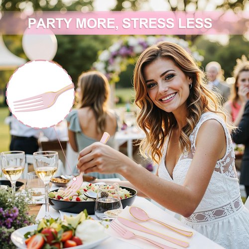 WDF 180 Pieces Pink Plastic Silverware with Gold -Pink Plastic Utensils Set - 60 Guest Cutlery Disposable for Birthday/Party/Wedding/Valentine's Day