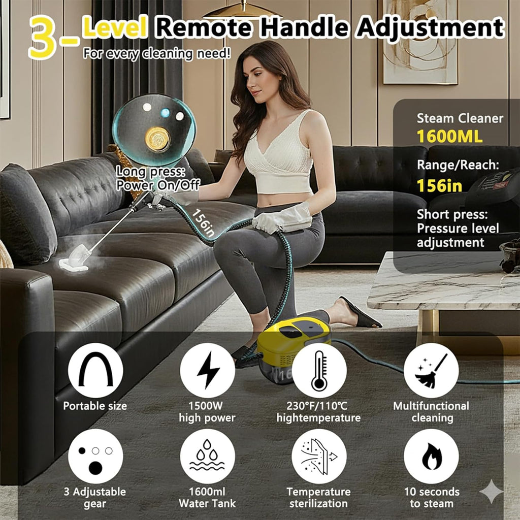 Skiennix Handheld Steam Cleaner - 3 Level Adjustable & Quick 10s Heat-Up | 1.6 Qt Portable Cleaner (Yellow)