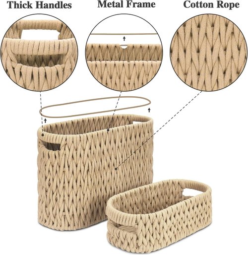 Boho Cotton Rope Woven Toilet Paper Storage Baskets - Set of 2 for 6 Mega Rolls | Brown Bathroom Organizer