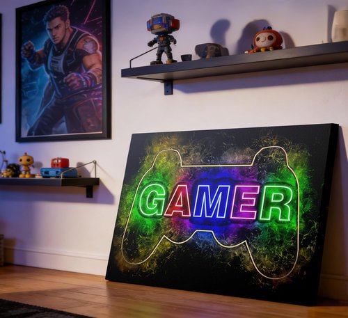 Cool Gaming Canvas Wall Art - Colorful Neon Gamepad Poster for Teen Boys' Room | 12 x 16 Inch
