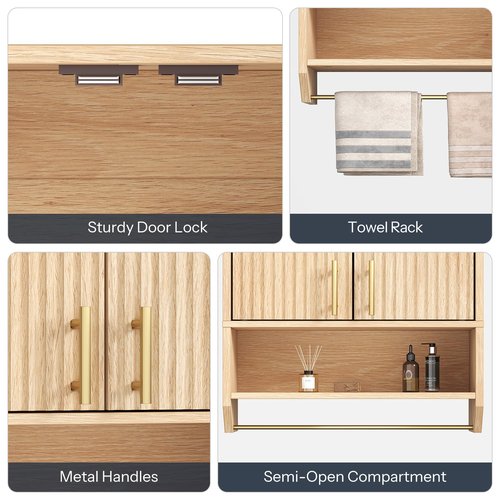 HOOBRO Fluted Bathroom Wall Cabinet, Farmhouse Medicine Cabinet with 2 Fluted Doors, Wall Storage Shelf with Towel Rack, Adjustable Shelf, for Small Spaces, Bathroom, Kitchen, Natural