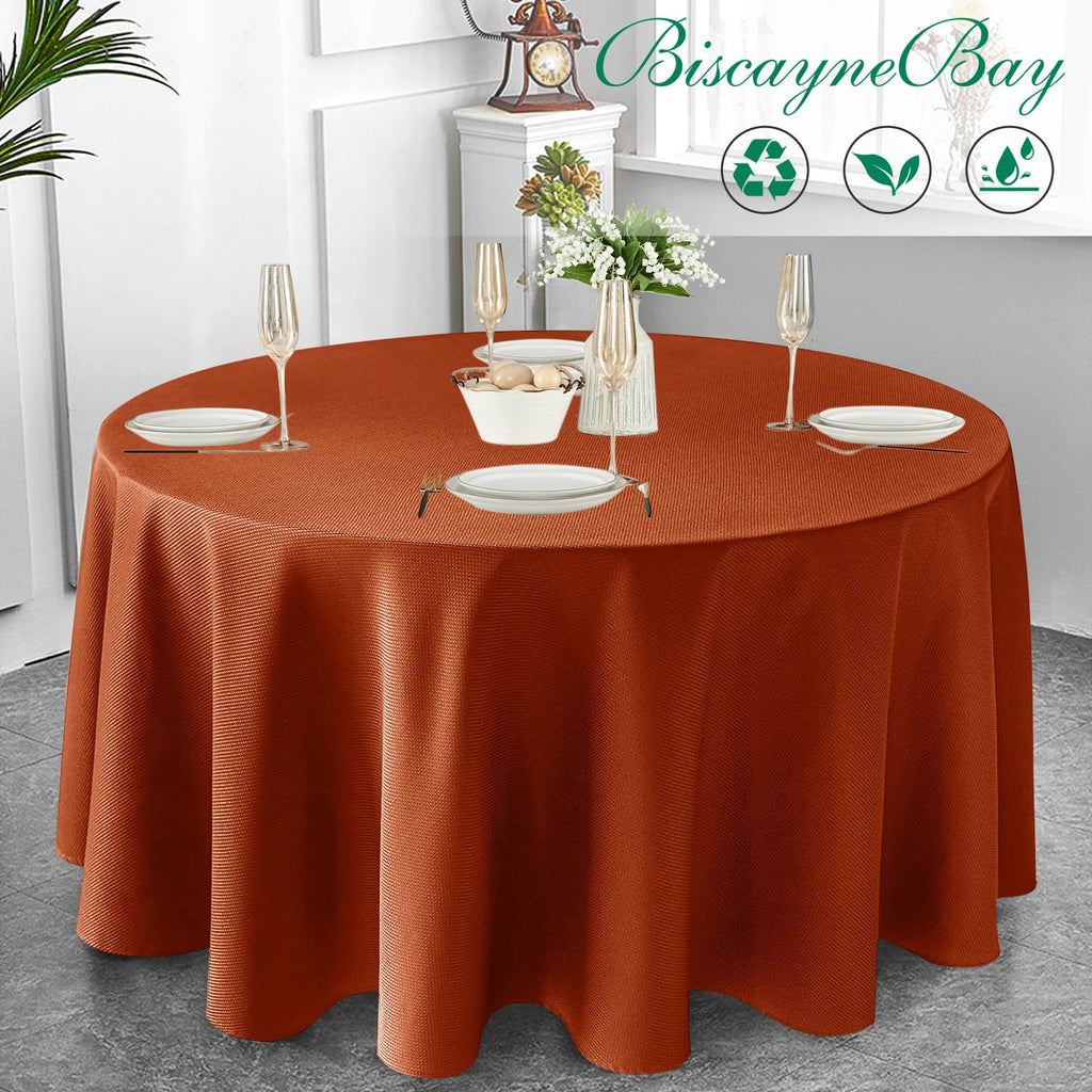 Biscaynebay Fall Tablecloth Textured Fabric Round Tablecloths 90", Rust Thanksgiving Autumn Harvest Water Resistant Fabric Tablecloths for Kitchen, Dining, Wedding, Parties Machine Washable