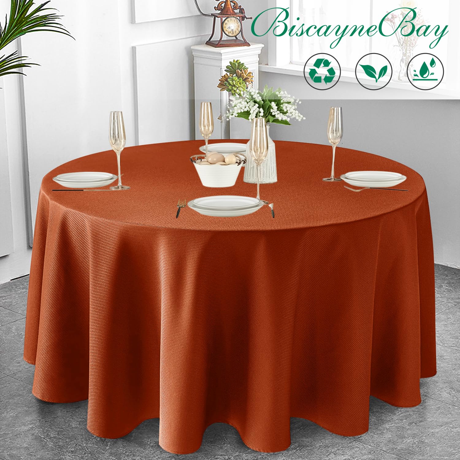 Biscaynebay Fall Tablecloth Textured Fabric Round Tablecloths 90", Rust Thanksgiving Autumn Harvest Water Resistant Fabric Tablecloths for Kitchen, Dining, Wedding, Parties Machine Washable