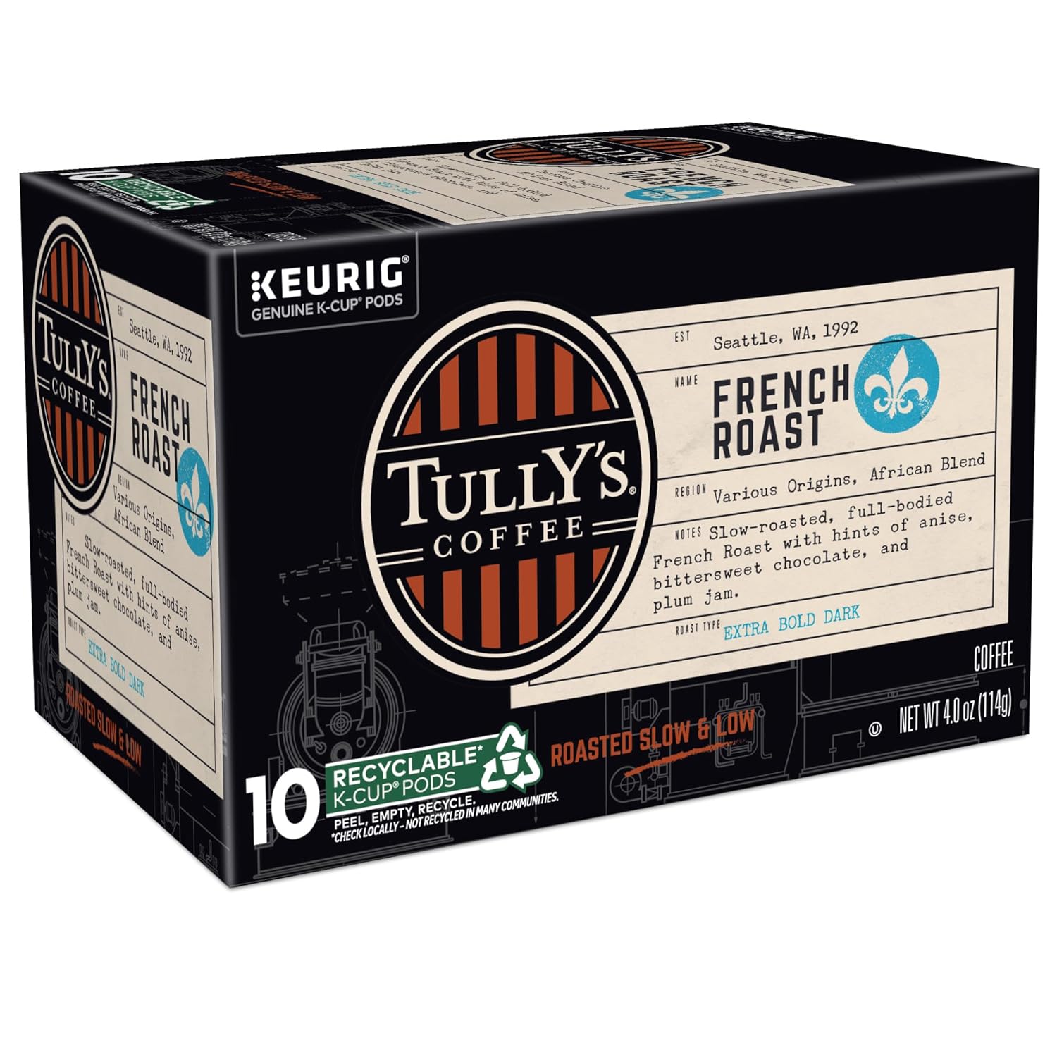 Tully's Coffee French Roast K-Cup Pods - Dark Roast Coffee, 60 Count (6 Packs of 10)