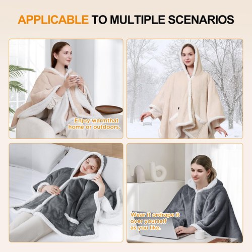 Warmrest Heated Blanket Wearable Shawl Portable Electric Wrap with Hoodie for Adult with Power Bank Flannel & Sherpa Heating Electric Throw with 3 Heat Settings Light Grey 50x60 Inch, Gifts for Mom