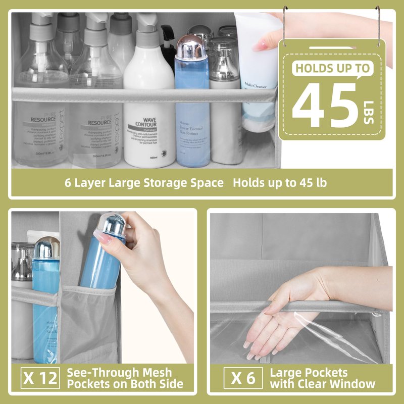STORAGEIDEAS Over Door Organizer with 6 Extra Large Pockets 12 Side Pockets, 2-Pack Sturdy Closet Rack, Hanging Storage Organizer with Clear Window for Shoes, Diapers, Toys, Bedroom, Bathroom, Grey