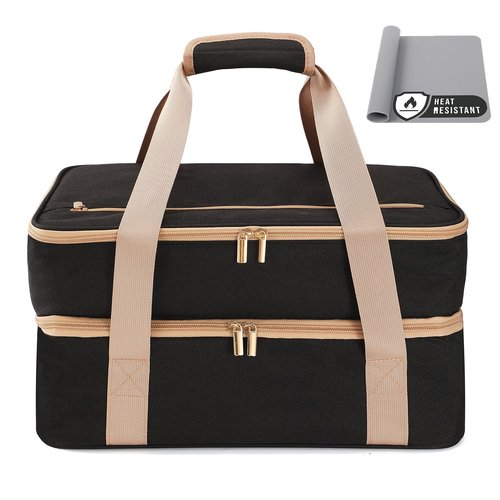 Joyfol Day Double-Decker Insulated Casserole Carrier - Casserole Dish Carrier Hot/Cold Food Tote for Potlucks, Fits 9x13 & 11x15 Pans (Handle-Free) with Heatproof Mat, Black