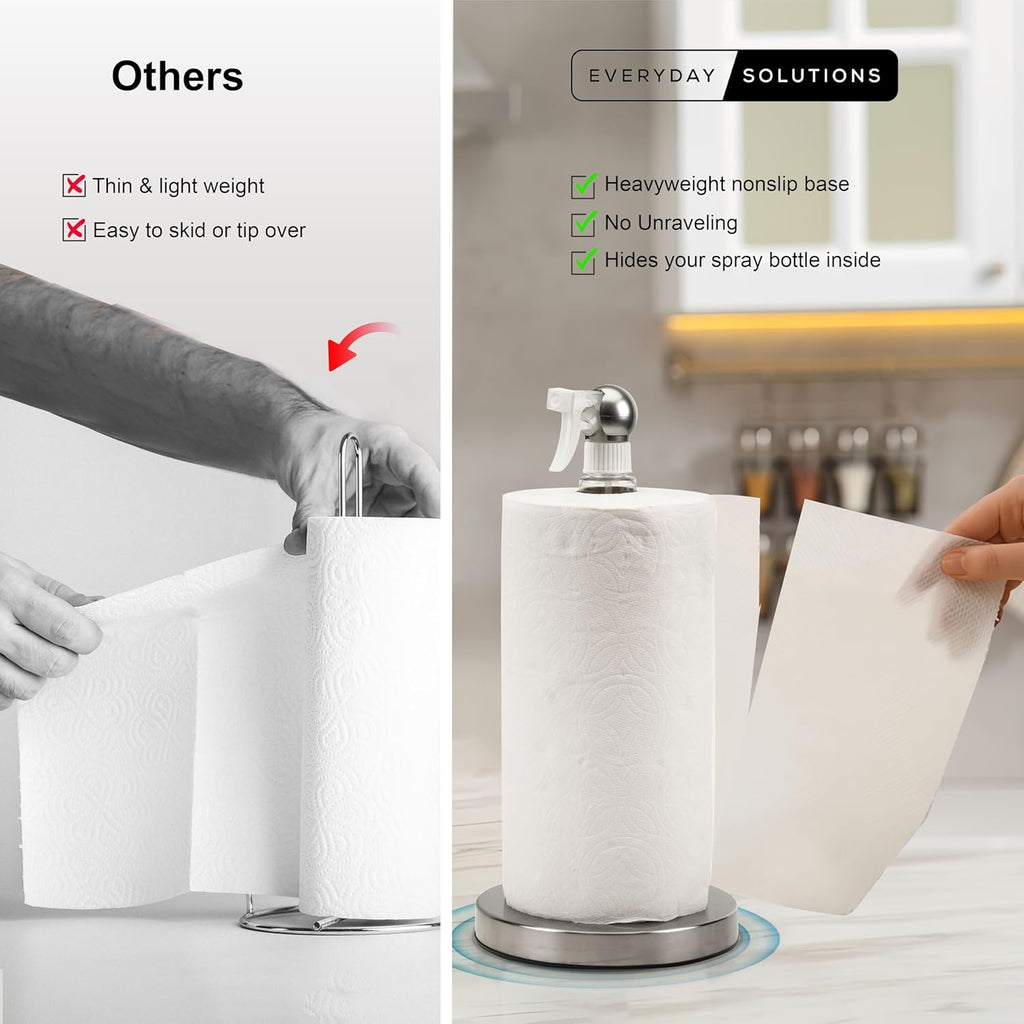 Skiennix Paper Towel Roll Holder - Space-Saving Design with Hidden 7oz Spray Bottle | Rust-Resistant Stainless Steel